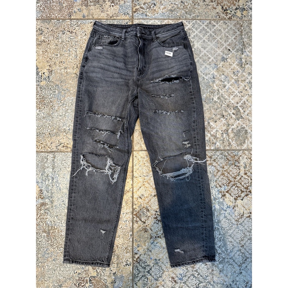 American Eagle Mom Jeans Womens 12 Regular Black Distressed High Rise